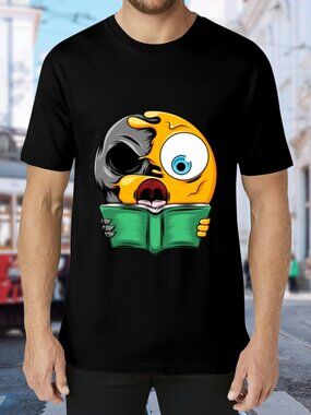 Black Graphic Short Sleeve Tee with Yellow & Green Emoticon Print